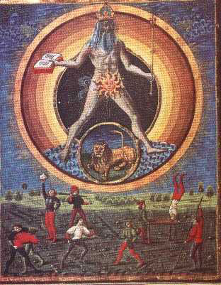 Un'illustrazione del trattato De Sphaera del 1400 che rappresenta il moto diurno del sole e la sua domificazione in leone