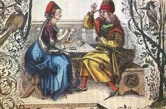 Illustrazione medievale raffigurante un uomo che si fa predire il destino da una cartomante