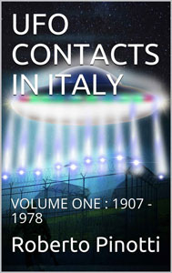 Copertina del primo volume in inglese "UFO Contacts in Italy" di Roberto Pinotti