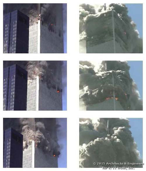 L'inizio del crollo della WTC 1. Dal video, si evince che il crollo è iniziato dal 98° piano invece che dal 95°