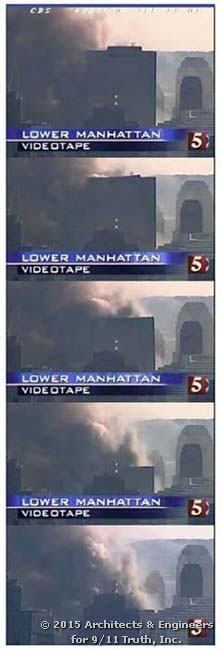 La sequenza dei fotogrammi che illustrano il crollo della WTC 7 in modo simmetrico sulla propria base