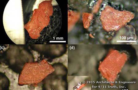 Fotografie al microscopio dei frammenti rosso-grigi della polvere del WTC. La foto (d) mostra la patina di grigio sui frammenti