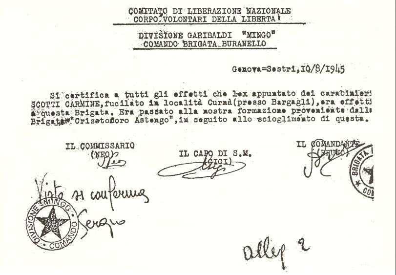 Il certificato che attesta la partecipazione di Carmine Scotti al movimento partigiano