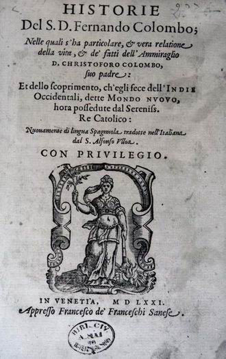 Il frontespizio originale del libro "Historie" di Fernando Colombo