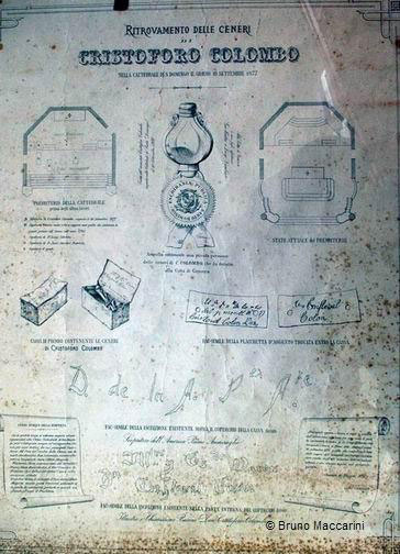 Il documento stilato nel settembre del 1877 in ricordo della scoperta dell’urna con le ossa di Cristoforo Colombo