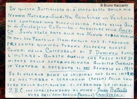 La nota scritta da una delle eredi dell'ammiraglio Cambiaso