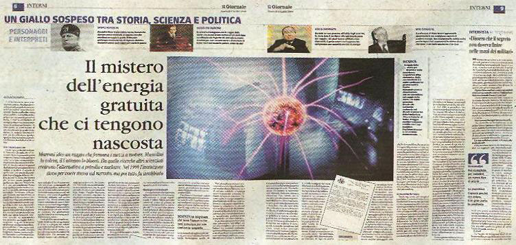 La doppia pagina del Giornale del 6 luglio 2010 sul raggio che dà energia gratis