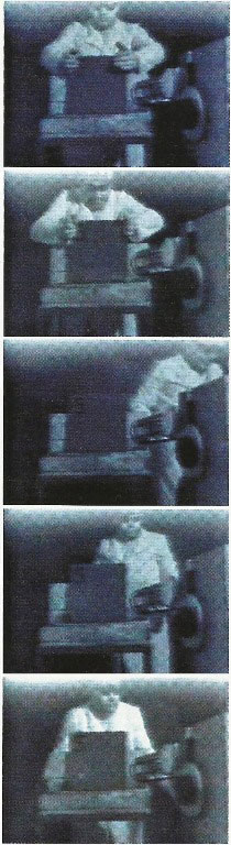 FOTOSEQUENZA. Nelle immagini, la dimostrazione del protocollo di Clementel con le prove che stabilivano i modi in cui lastre di acciaio inox e alluminio venivano perforate dalla macchina dell'energia.