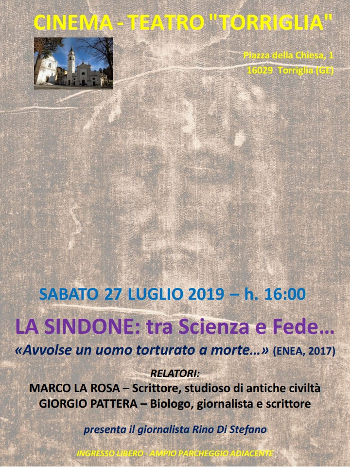 Il manifesto della conferenza "La Sindone: tra Scienza e Fede" a Torriglia (GE)