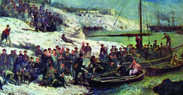 L'imbarco dei Mille dagli scogli di Quarto in un quadro del pittore tedesco T. Von Elven attualmente conservato nel Museo di Risorgimento di Genova