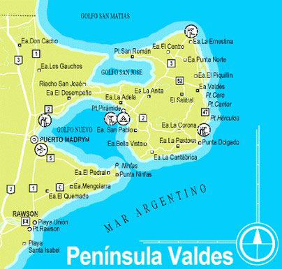 La cartina della penisola di Valdés in Argentina