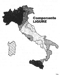 La componente ligure in Italia secondo la genetica ( da A. Piazza, ne "La Stampa" dell'1 giugno 1988