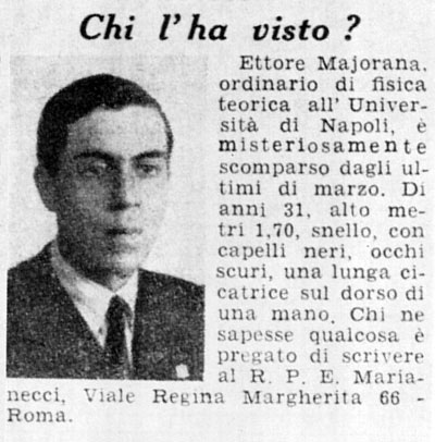 Un articolo dell'epoca che annunciava la scomparsa di Majorana