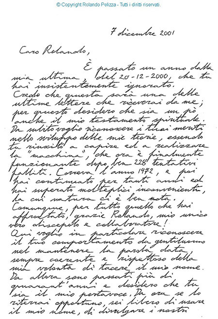 Prima pagina della lettera di Ettore Majorana a Rolando Pelizza del 7 Dicembre 2001