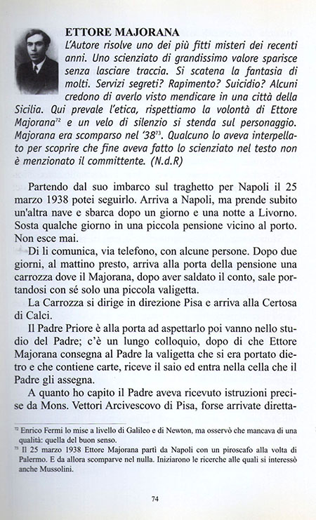 Pag.74 del libro "I manoscritti segreti di Mons. Giovanni Poggi" di Giuseppe Ceccarini su Ettore Majorana a Calci