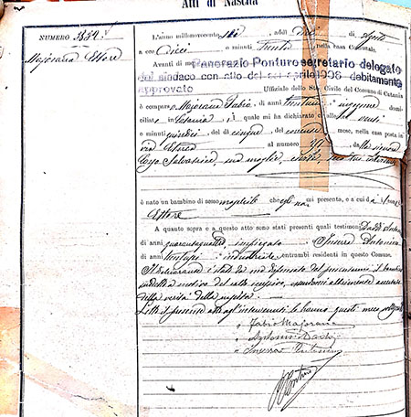L’atto di nascita di Ettore Majorana. L’unico documento ufficiale conservato nell’Archivio Storico del Comune di Catania