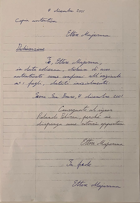 L’autentica del documento firmata dallo stesso Majorana