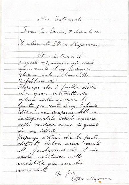Il testo originale del testamento di Ettore Majorana