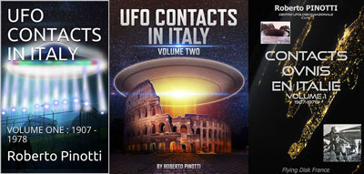 Copertine dei libri di Roberto Pinotti sui contatti UFO in Italia in lingua inglese e francese