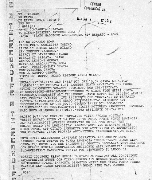 Il telex inviato ai ministeri dal comando Carabinieri di Chiavari