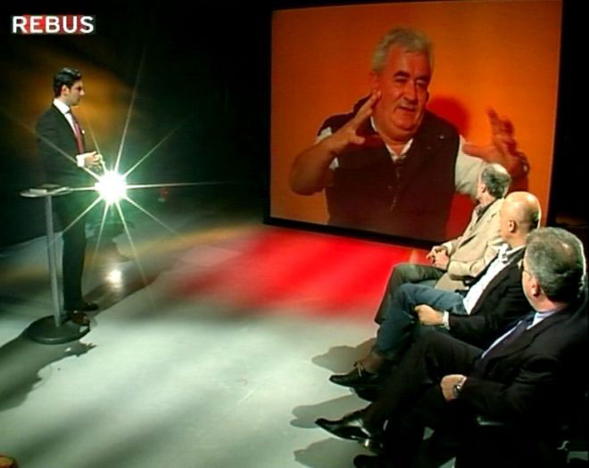 Zanfretta in collegamento durante il programma tv "Rebus" con gli ospiti in studio Marco Morocutti, Maurizio Baiata e Rino Di Stefano